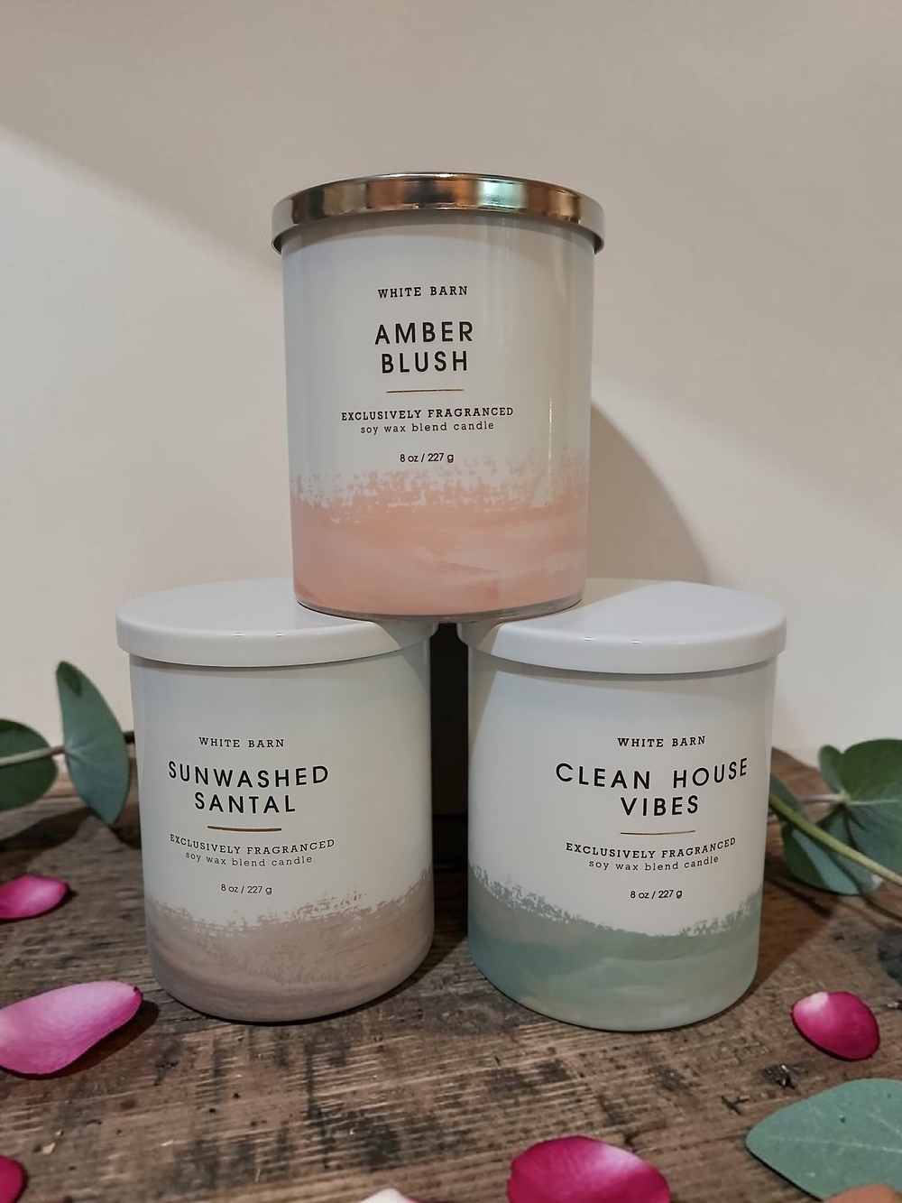 White Barn Amber Blush & Coastal Trio Candle Set - Pink, Tan, Green